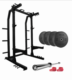 Swiss Barbell Half Rack, Olympic Bar and Bumper Discs Bundle